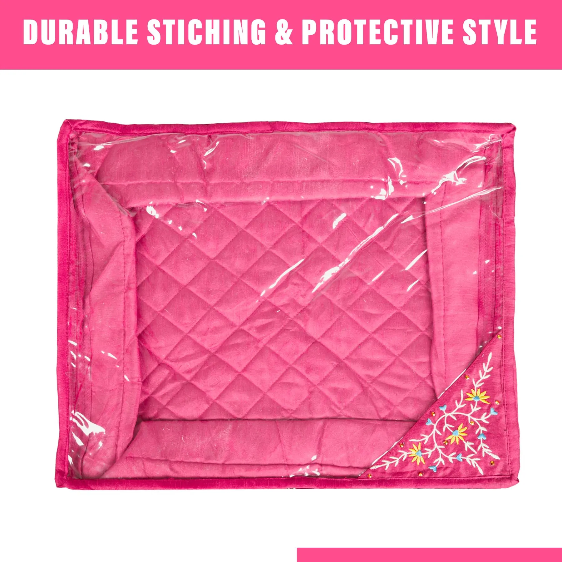Kuber Industries Saree Cover | Zip Closure Saree Cover | Clothes Storage Bag | Wardrobe Organiser for Suit | Transparent Top Saree Cover | Side Embroidery-Design | 9 inch | Pink