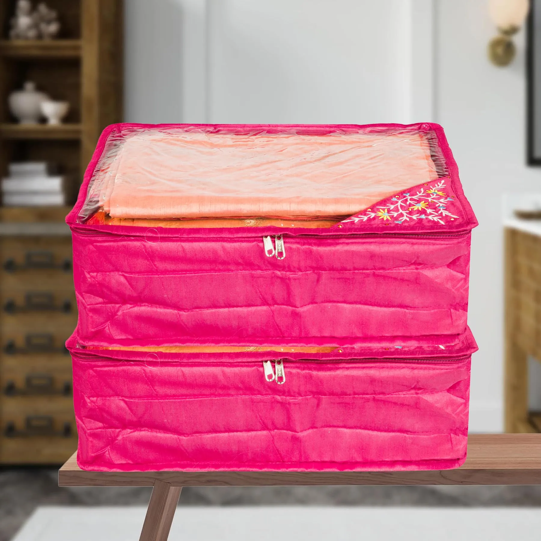 Kuber Industries Saree Cover | Zip Closure Saree Cover | Clothes Storage Bag | Wardrobe Organiser for Suit | Transparent Top Saree Cover | Side Embroidery-Design | 9 inch | Pink