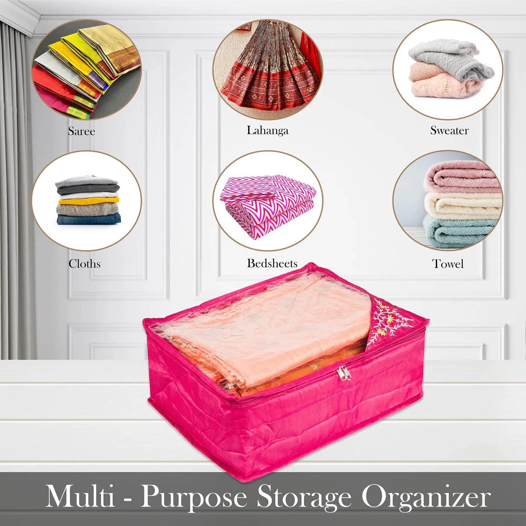 Kuber Industries Saree Cover | Zip Closure Saree Cover | Clothes Storage Bag | Wardrobe Organiser for Suit | Transparent Top Saree Cover | Side Embroidery-Design | 9 inch | Pink