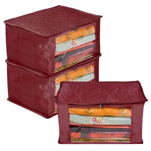 Kuber Industries Saree Cover | Zip Closure Saree Cover | Clothes Storage Bag | Wardrobe Organiser for Suit | Transparent Window Saree Cover | 9 inch | Pack of 3 | Maroon