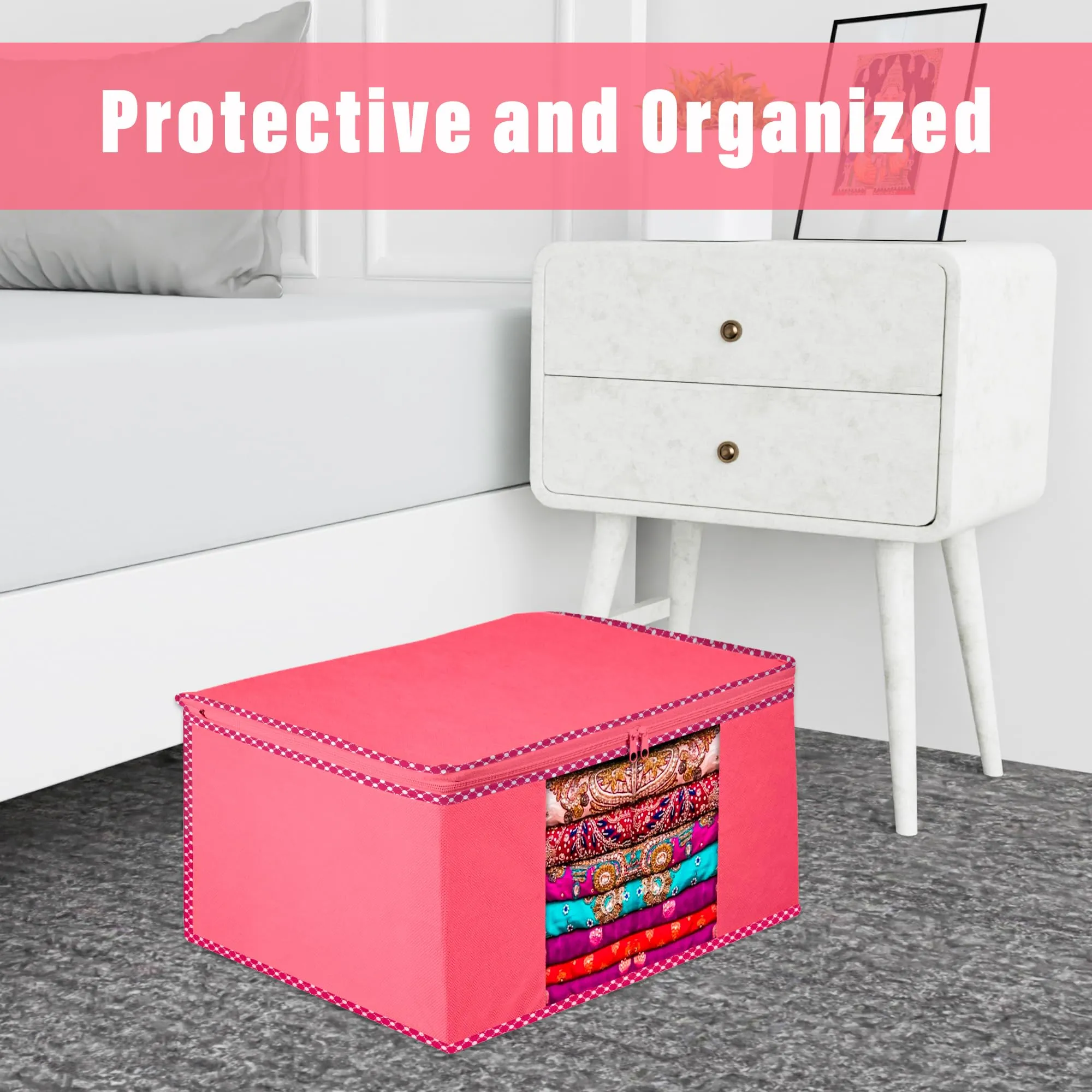 Kuber Industries Saree Cover | Zip Closure Saree Cover | Clothes Storage Bag | Wardrobe Organiser for Suit | Transparent Window Saree Cover | Dot Border-Design | 9 inch | Pack of 3 | Pink
