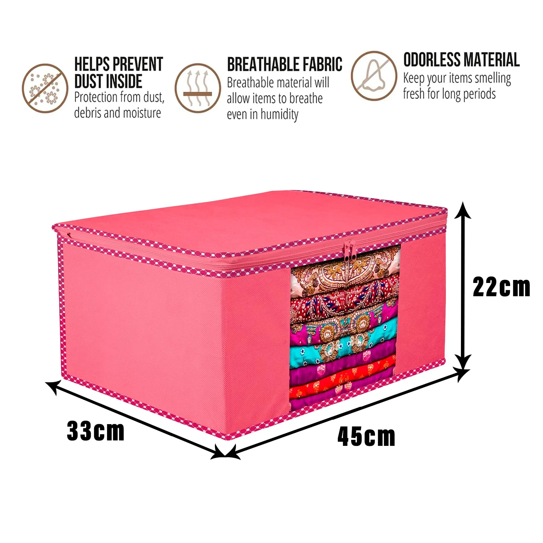 Kuber Industries Saree Cover | Zip Closure Saree Cover | Clothes Storage Bag | Wardrobe Organiser for Suit | Transparent Window Saree Cover | Dot Border-Design | 9 inch | Pack of 3 | Pink