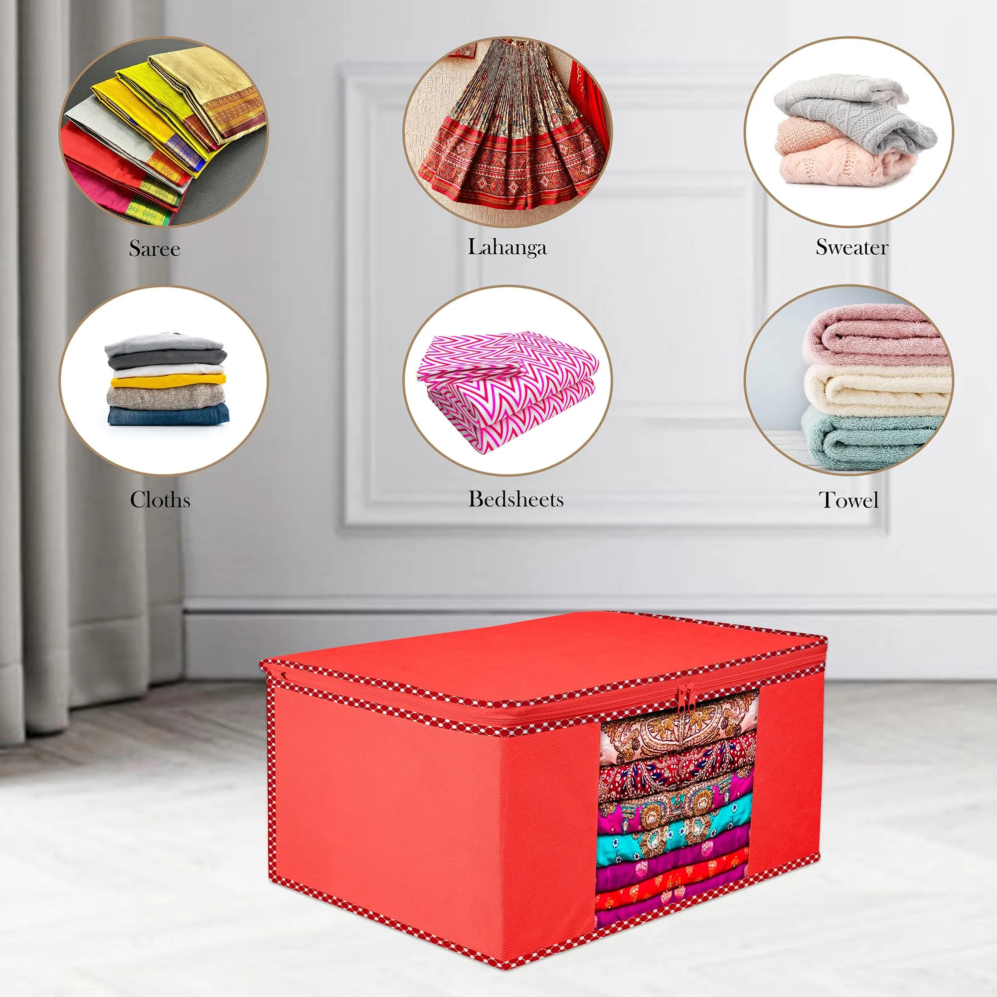 Kuber Industries Saree Cover | Zip Closure Saree Cover | Clothes Storage Bag | Wardrobe Organiser for Suit | Transparent Window Saree Cover | Dot Border-Design | 9 inch | Pack of 3 | Red