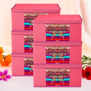 Kuber Industries Saree Cover | Zip Closure Saree Cover | Clothes Storage Bag | Wardrobe Organiser for Suit | Transparent Window Saree Cover | Dot Border-Design | 9 inch | Pack of 6 | Pink
