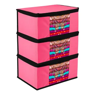 Kuber Industries Saree Cover | Zip Closure Saree Cover | Clothes Storage Bag | Wardrobe Organiser for Suit | Transparent Window Saree Cover | Plain-Black Border | 9 inch | Pack of 3 | Pink