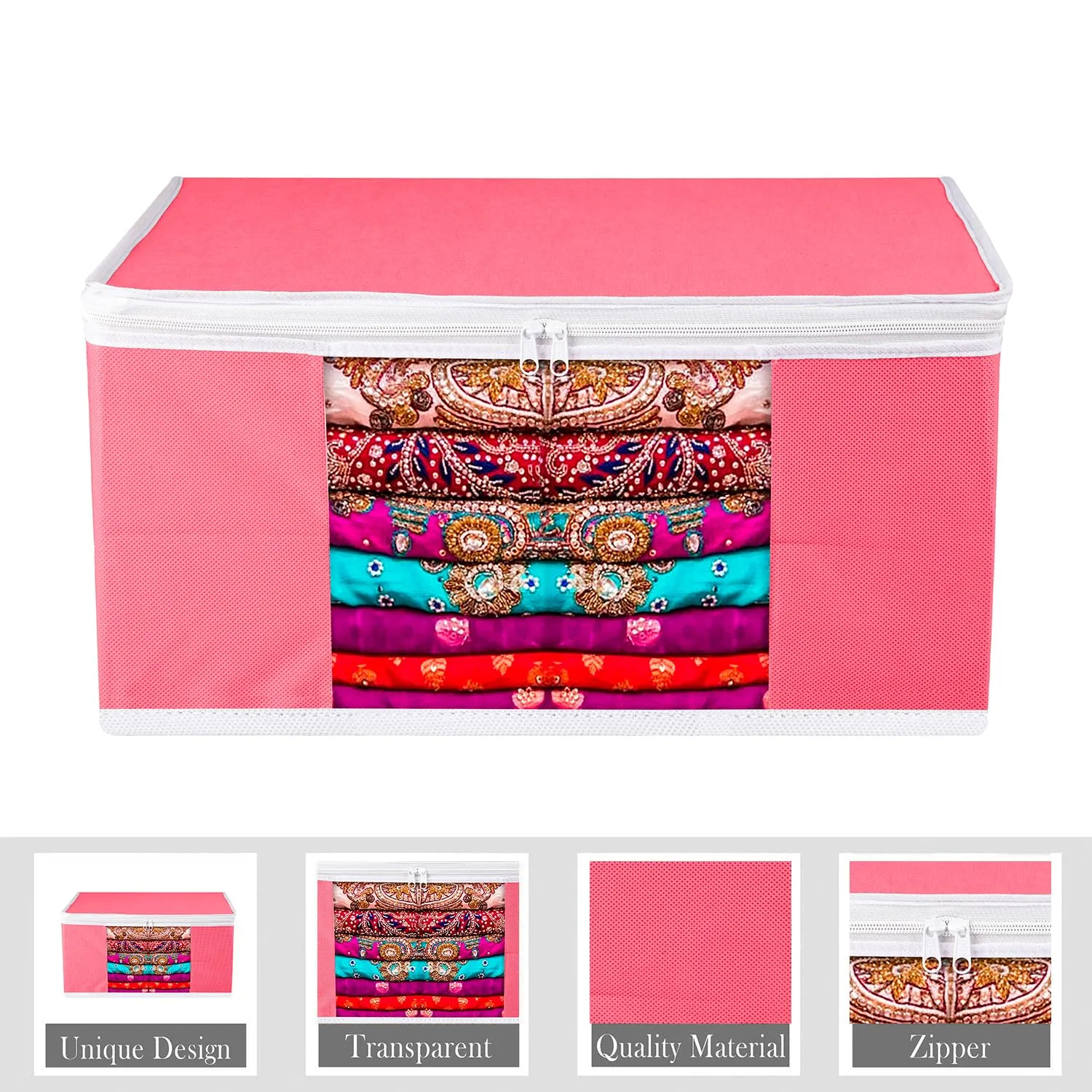 Kuber Industries Saree Cover | Zip Closure Saree Cover | Clothes Storage Bag | Wardrobe Organiser for Suit | Transparent Window Saree Cover | Plain-White Border | 9 inch | Pack of 12 | Pink