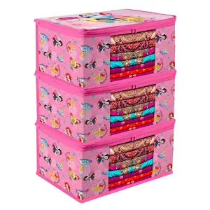 Kuber Industries Saree Cover | Zip Closure Saree Cover | Clothes Storage Bag | Wardrobe Organiser | Transparent Window Saree Cover | Disney Princess-Print | 9 inch | Pack of 3 | Pink