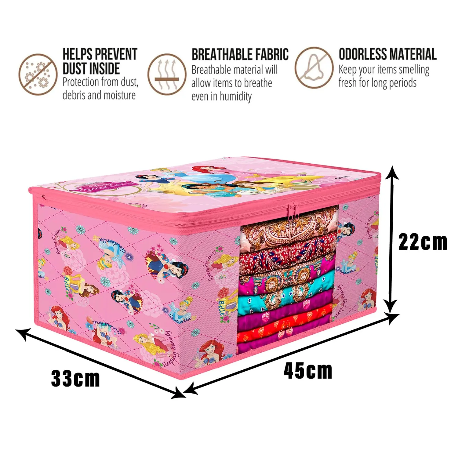 Kuber Industries Saree Cover | Zip Closure Saree Cover | Clothes Storage Bag | Wardrobe Organiser | Transparent Window Saree Cover | Disney Princess-Print | 9 inch | Pack of 6 | Pink
