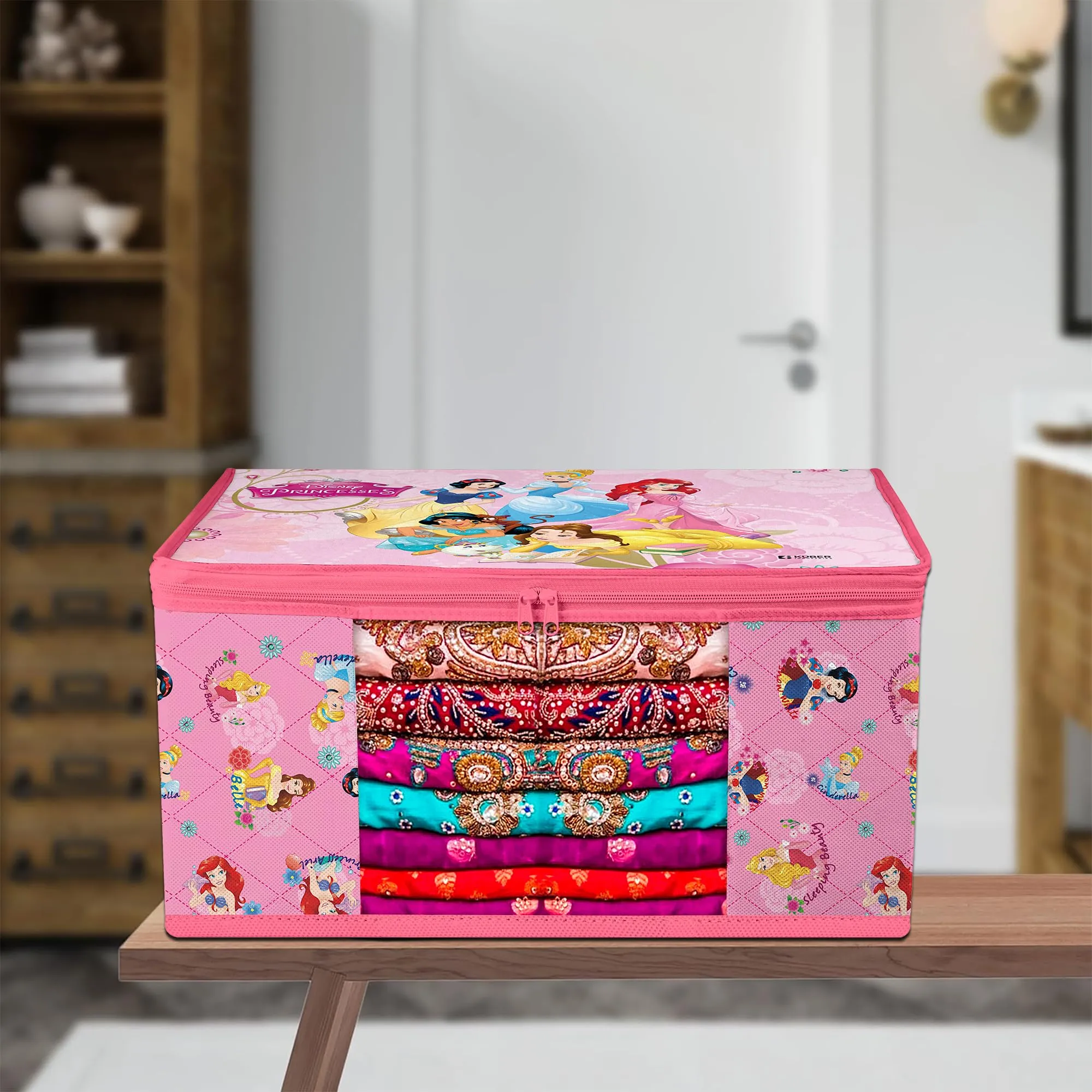 Kuber Industries Saree Cover | Zip Closure Saree Cover | Clothes Storage Bag | Wardrobe Organiser | Transparent Window Saree Cover | Disney Princess-Print | 9 inch | Pack of 6 | Pink