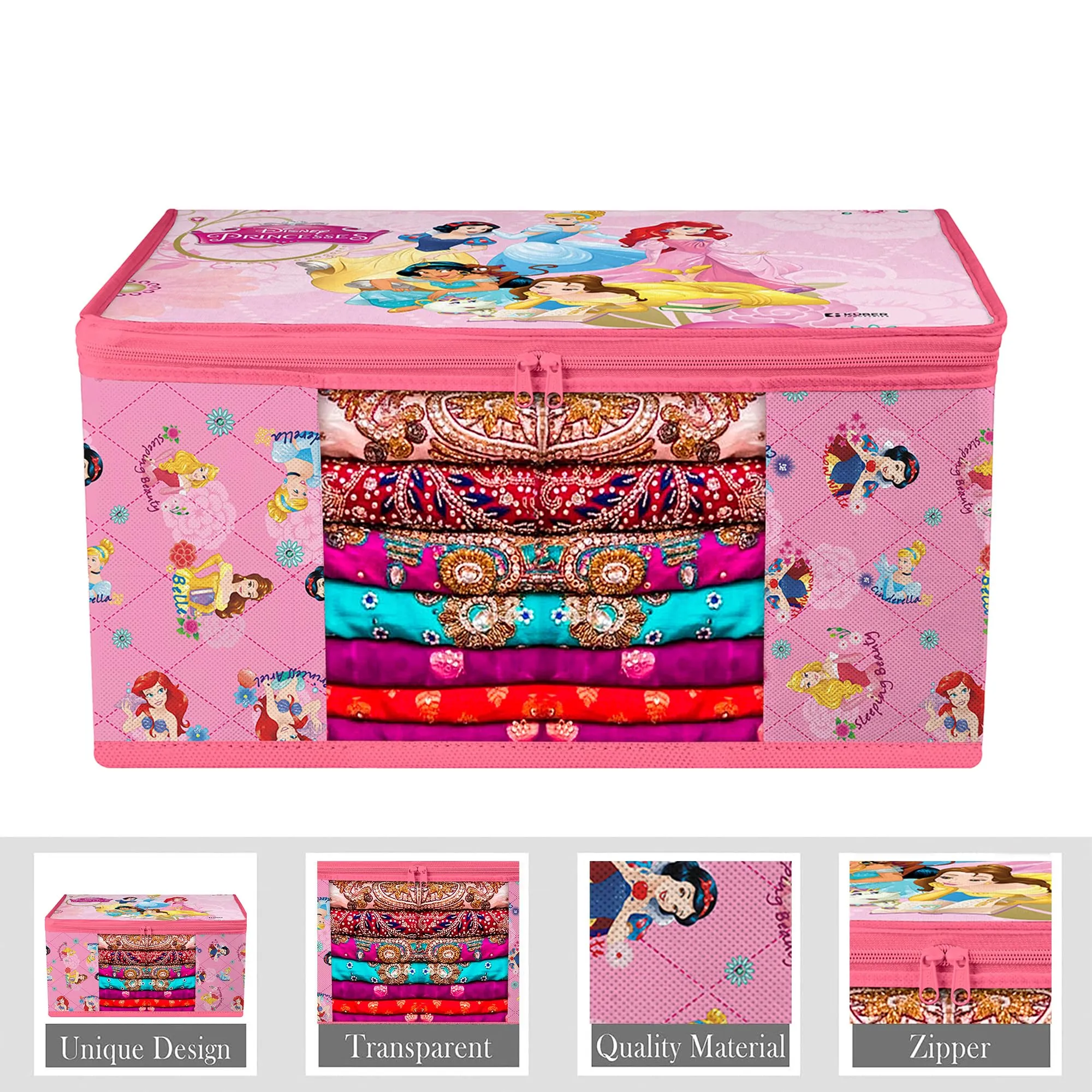 Kuber Industries Saree Cover | Zip Closure Saree Cover | Clothes Storage Bag | Wardrobe Organiser | Transparent Window Saree Cover | Disney Princess-Print | 9 inch | Pack of 6 | Pink