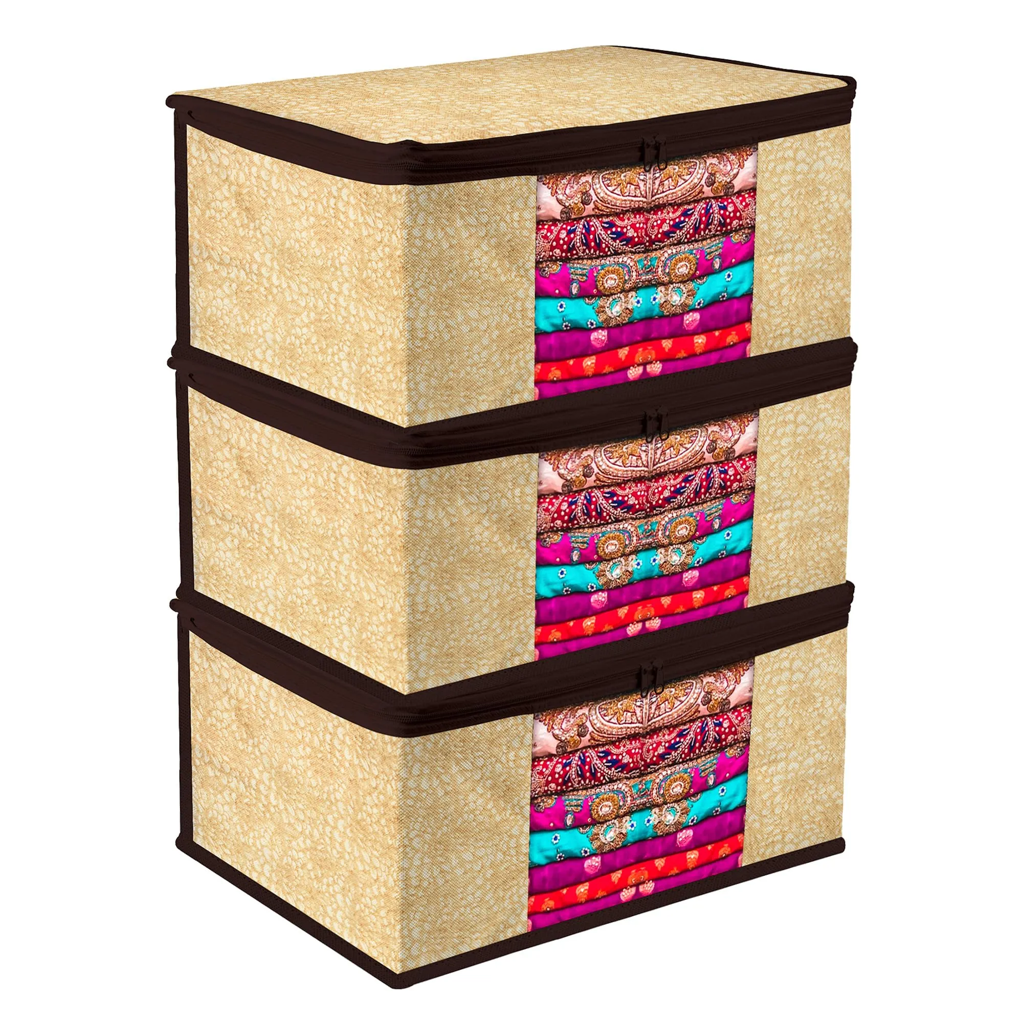 Kuber Industries Saree Cover | Zip Closure Saree Cover | Clothes Storage Bag | Wardrobe Organiser | Transparent Window Saree Cover | Flower-Design | 9 inch | Pack of 3 | Coffee
