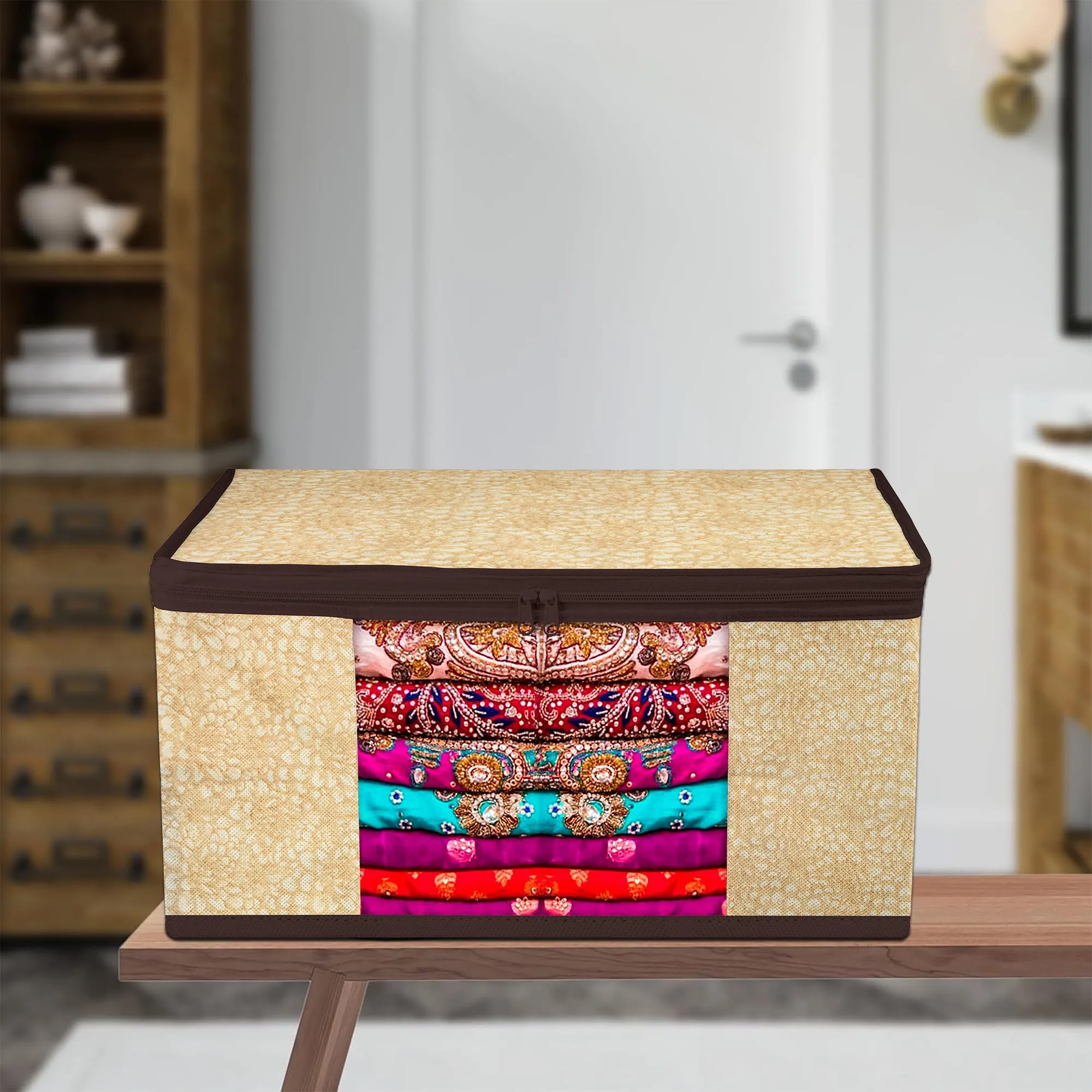 Kuber Industries Saree Cover | Zip Closure Saree Cover | Clothes Storage Bag | Wardrobe Organiser | Transparent Window Saree Cover | Flower-Design | 9 inch | Pack of 3 | Coffee