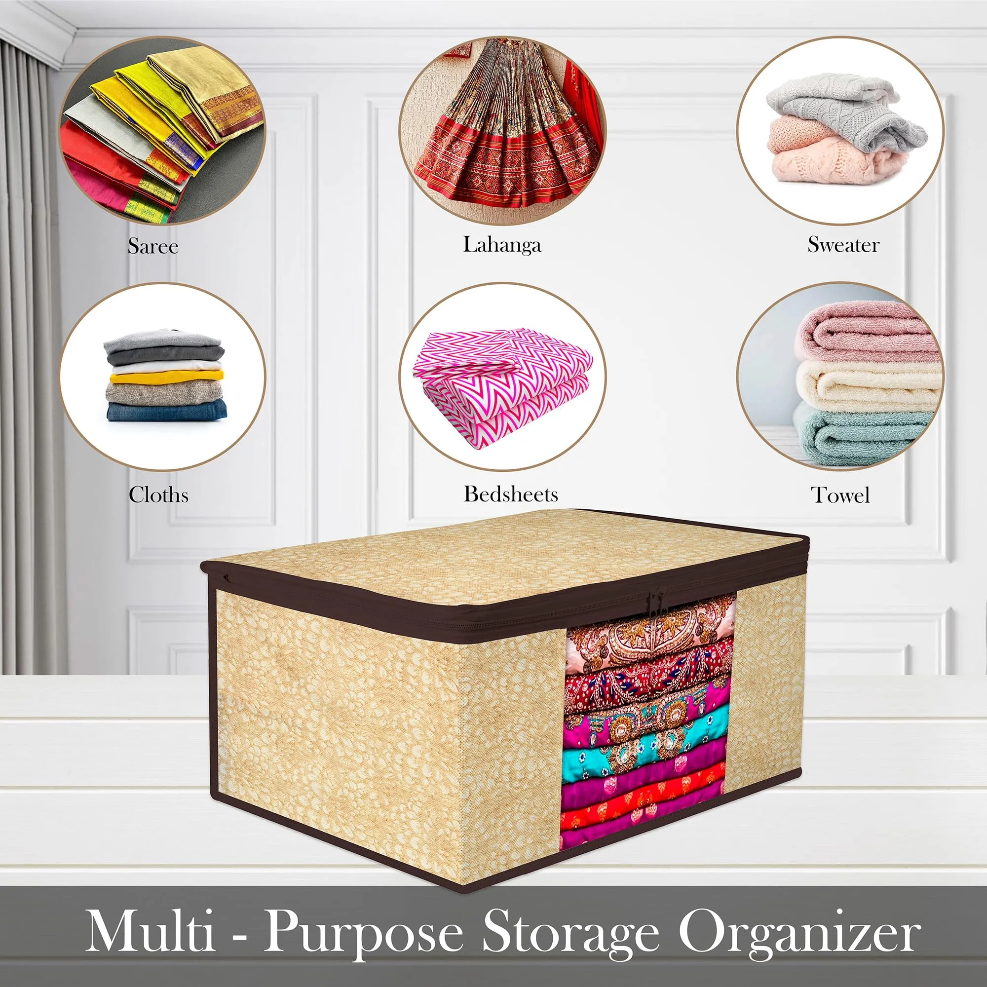 Kuber Industries Saree Cover | Zip Closure Saree Cover | Clothes Storage Bag | Wardrobe Organiser | Transparent Window Saree Cover | Flower-Design | 9 inch | Pack of 3 | Coffee