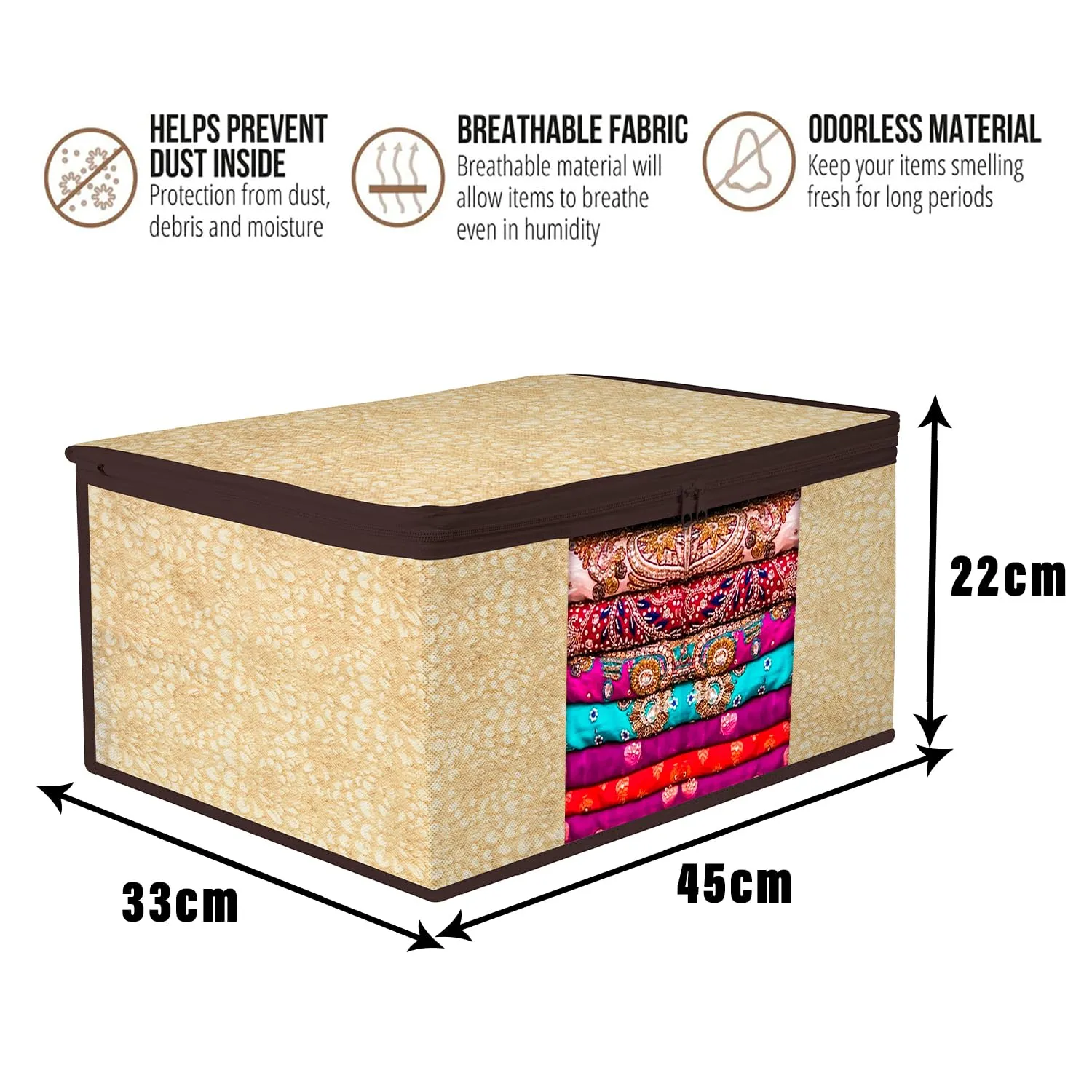 Kuber Industries Saree Cover | Zip Closure Saree Cover | Clothes Storage Bag | Wardrobe Organiser | Transparent Window Saree Cover | Flower-Design | 9 inch | Pack of 3 | Coffee