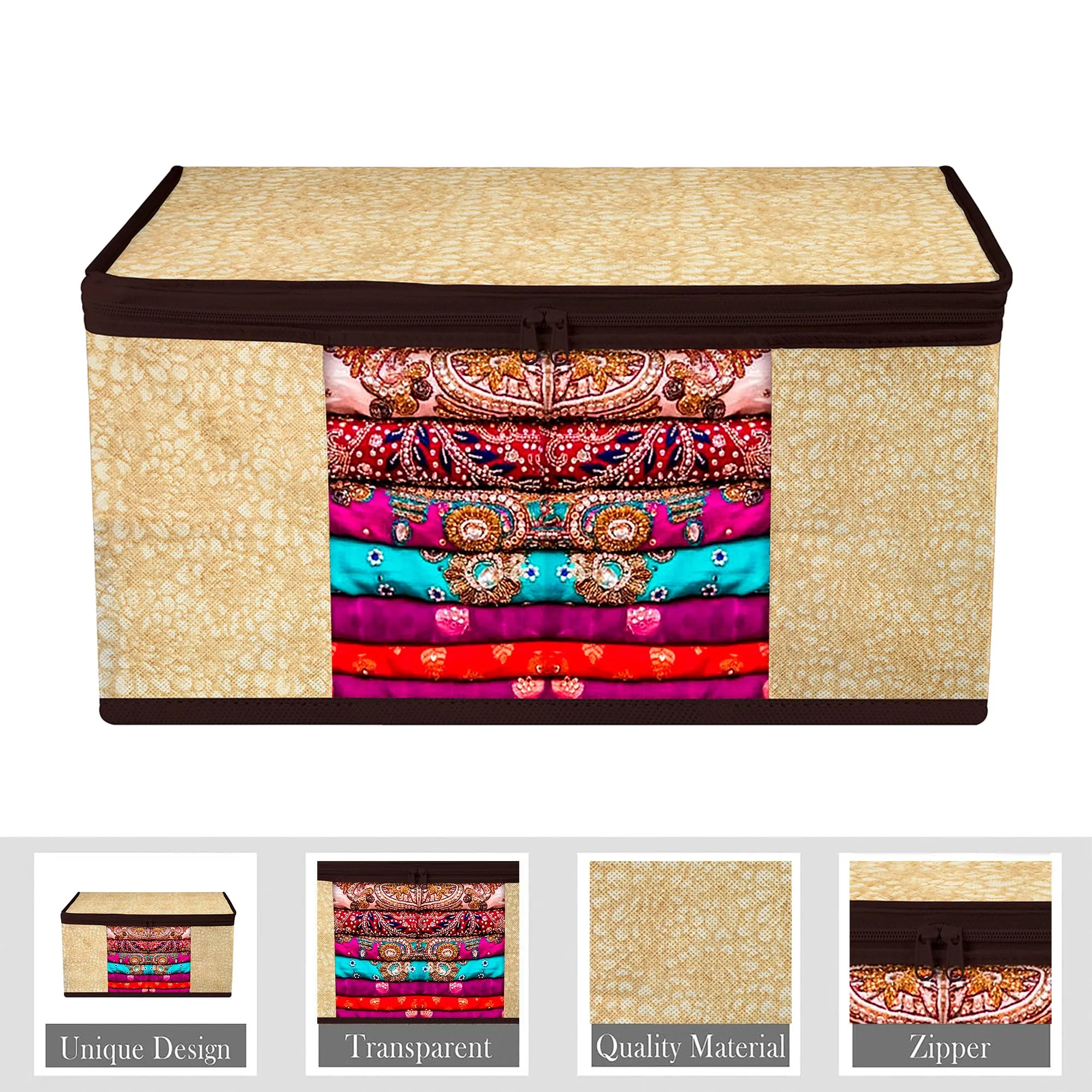 Kuber Industries Saree Cover | Zip Closure Saree Cover | Clothes Storage Bag | Wardrobe Organiser | Transparent Window Saree Cover | Flower-Design | 9 inch | Pack of 3 | Coffee