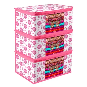 Kuber Industries Saree Cover | Zip Closure Saree Cover | Clothes Storage Bag | Wardrobe Organiser | Transparent Window Saree Cover | Flower-Design | 9 inch | Pack of 3 | Pink