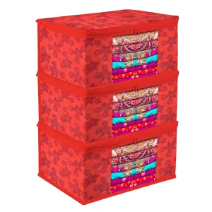 Kuber Industries Saree Cover | Zip Closure Saree Cover | Clothes Storage Bag | Wardrobe Organiser | Transparent Window Saree Cover | Flower-Design | 9 inch | Pack of 3 | Red