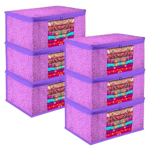 Kuber Industries Saree Cover | Zip Closure Saree Cover | Clothes Storage Bag | Wardrobe Organiser | Transparent Window Saree Cover | Flower-Design | 9 inch | Pack of 6 | Purple