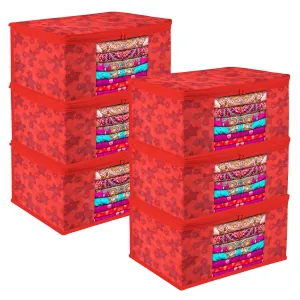 Kuber Industries Saree Cover | Zip Closure Saree Cover | Clothes Storage Bag | Wardrobe Organiser | Transparent Window Saree Cover | Flower-Design | 9 inch | Pack of 6 | Red