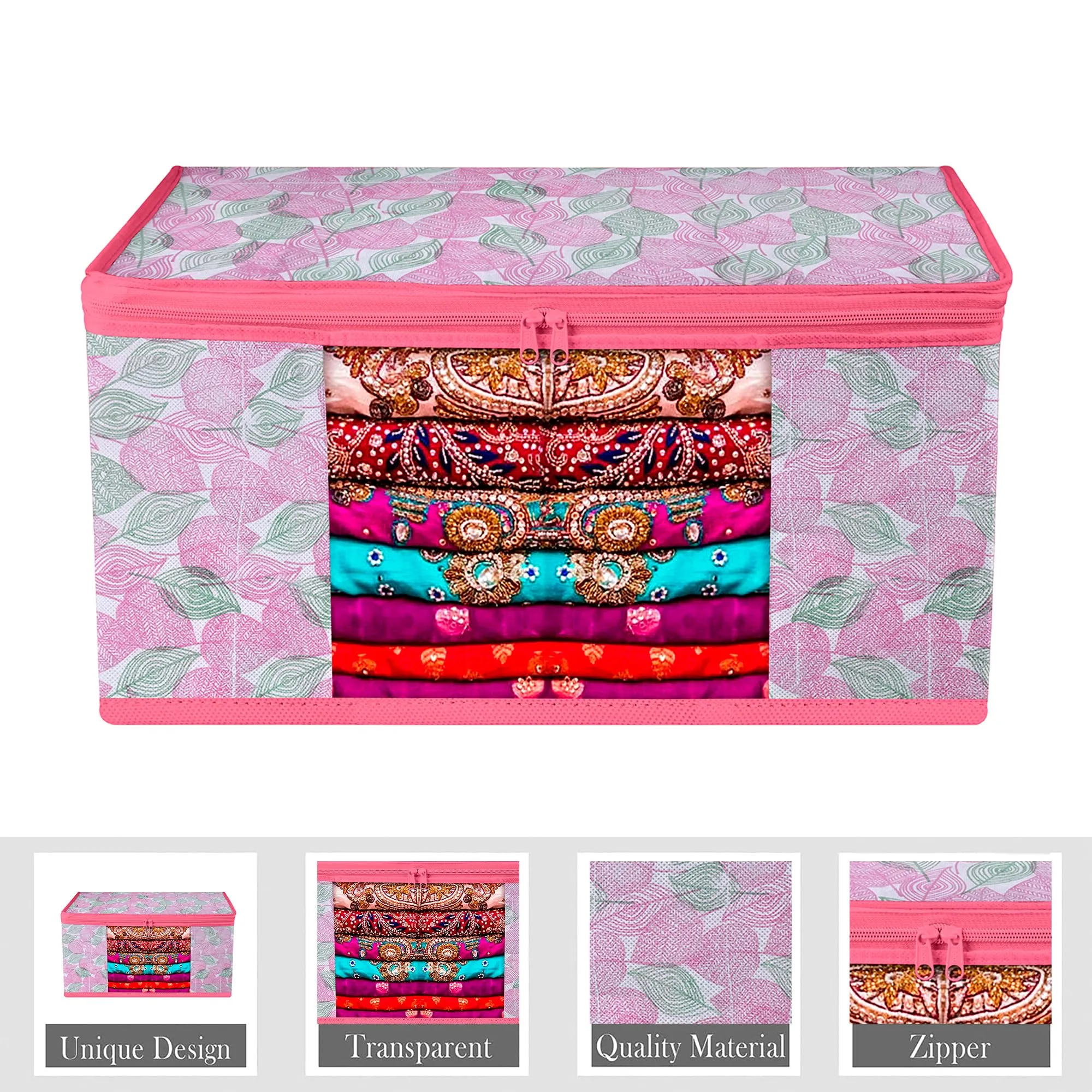 Kuber Industries Saree Cover | Zip Closure Saree Cover | Clothes Storage Bag | Wardrobe Organiser | Transparent Window Saree Cover | Flower Patta-Design | 9 inch | Pack of 6 | Pink