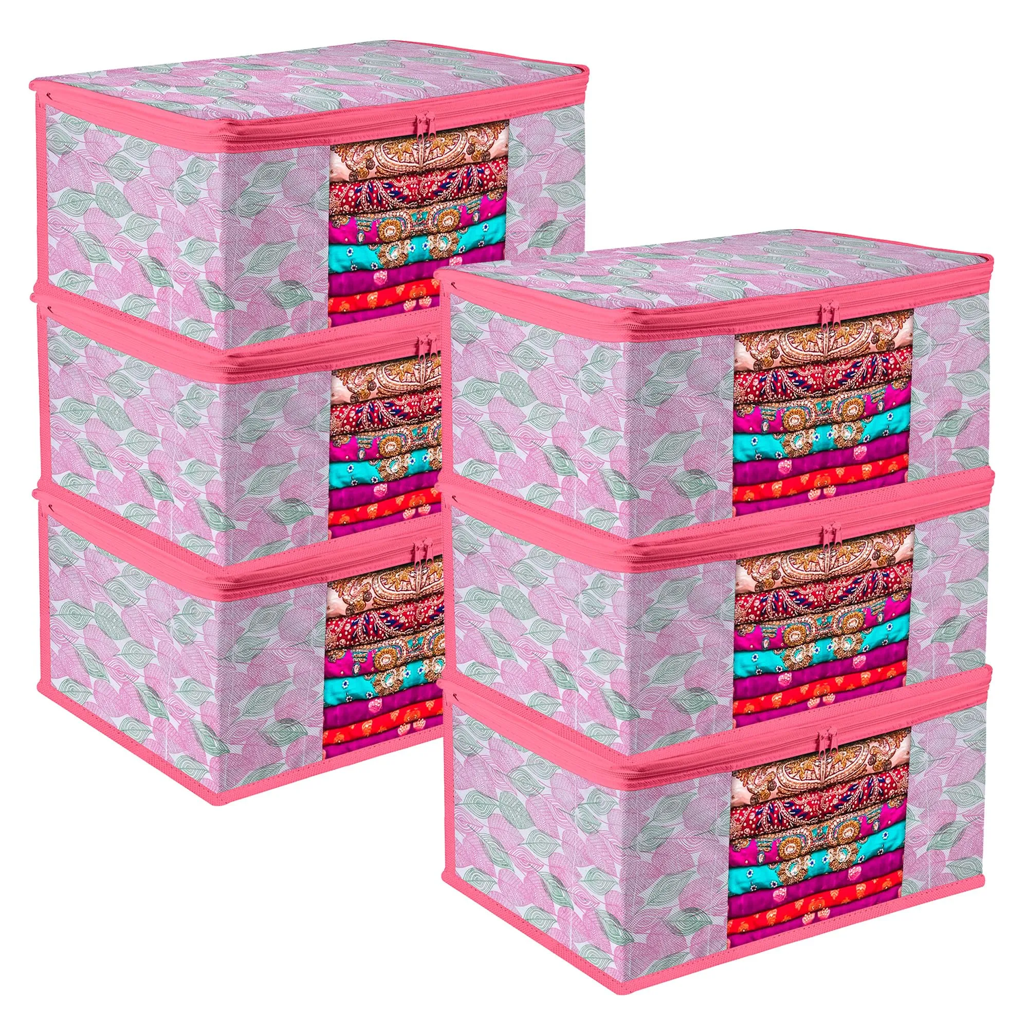 Kuber Industries Saree Cover | Zip Closure Saree Cover | Clothes Storage Bag | Wardrobe Organiser | Transparent Window Saree Cover | Flower Patta-Design | 9 inch | Pack of 6 | Pink
