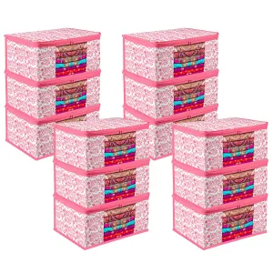 Kuber Industries Saree Cover | Zip Closure Saree Cover | Clothes Storage Bag | Wardrobe Organiser | Transparent Window Saree Cover | Leaf-Design | 9 inch | Pack of 12 | Pink