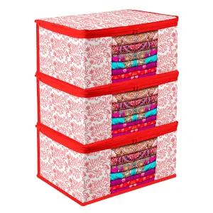 Kuber Industries Saree Cover | Zip Closure Saree Cover | Clothes Storage Bag | Wardrobe Organiser | Transparent Window Saree Cover | Leaf-Design | 9 inch | Pack of 3 | Red