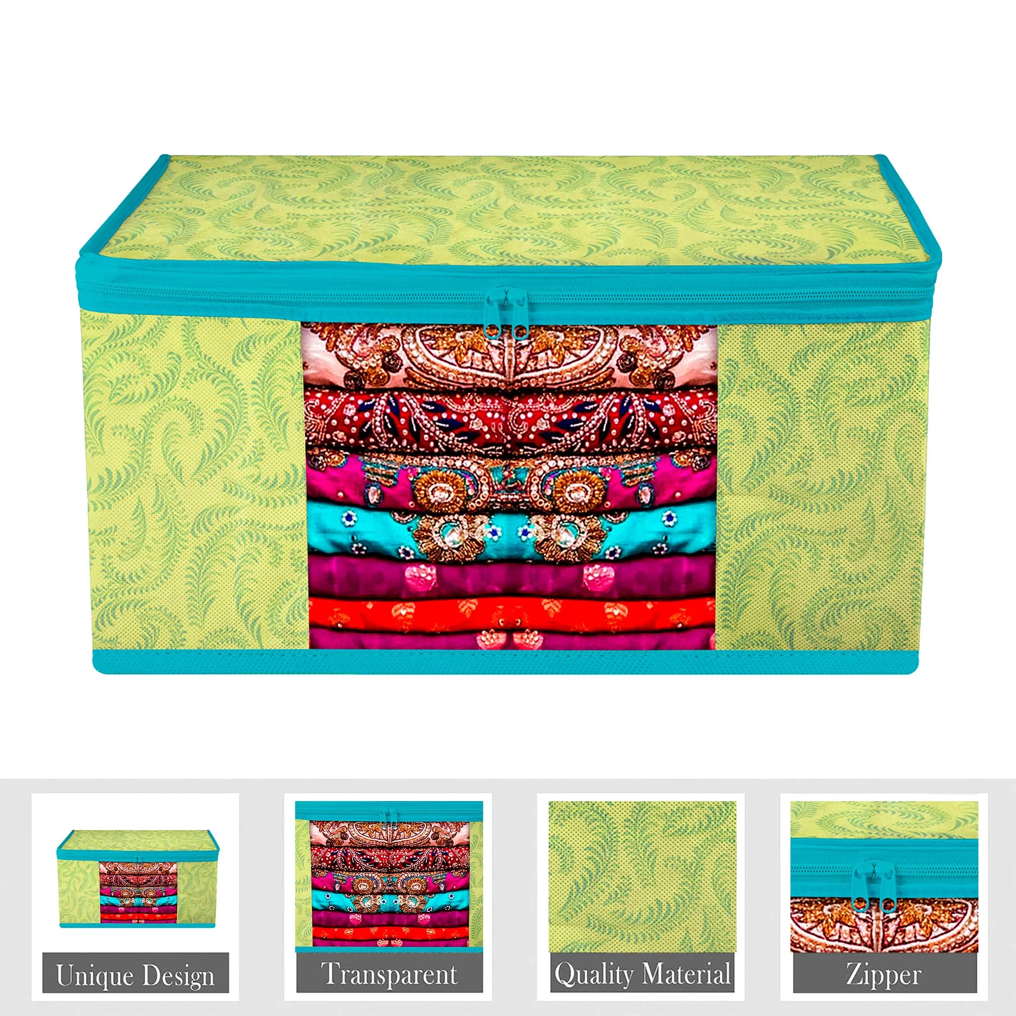 Kuber Industries Saree Cover | Zip Closure Saree Cover | Clothes Storage Bag | Wardrobe Organiser | Transparent Window Saree Cover | Leaf-Design | 9 inch | Pack of 6 | Green