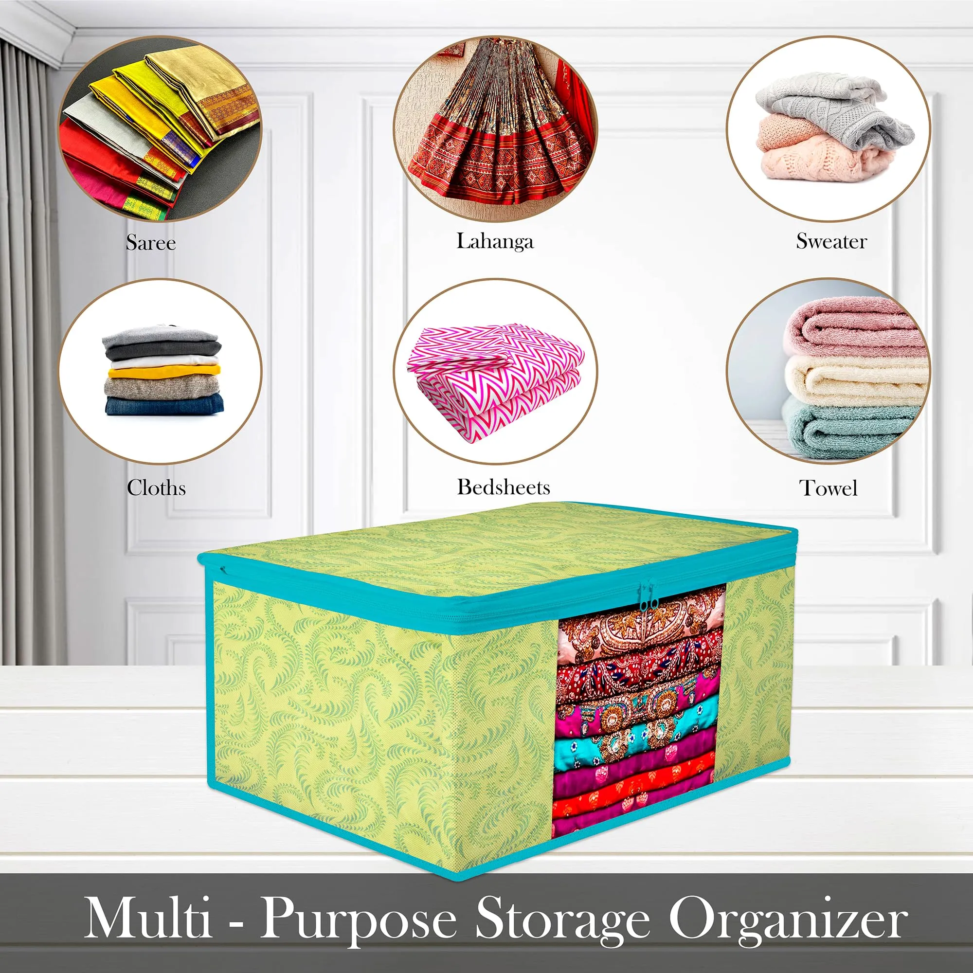 Kuber Industries Saree Cover | Zip Closure Saree Cover | Clothes Storage Bag | Wardrobe Organiser | Transparent Window Saree Cover | Leaf-Design | 9 inch | Pack of 6 | Green