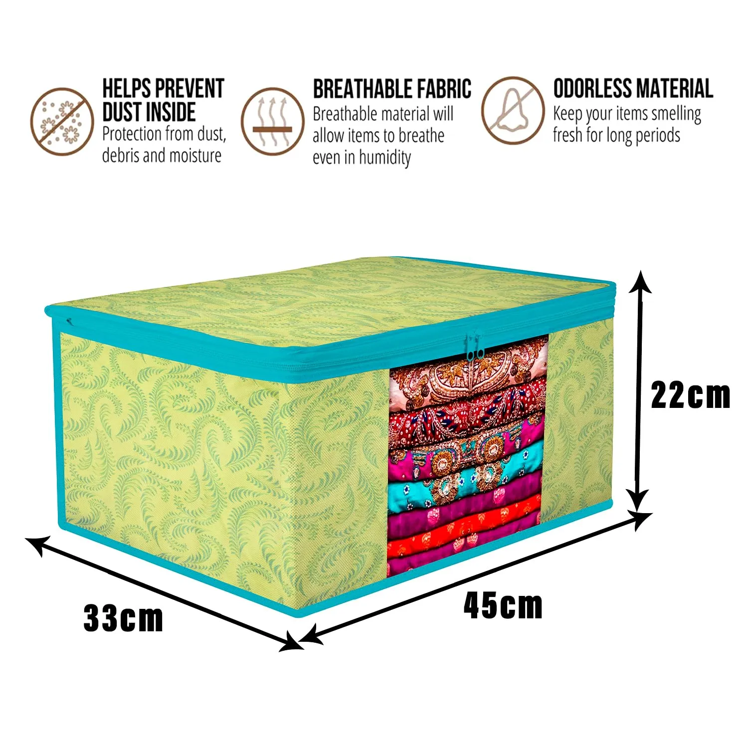 Kuber Industries Saree Cover | Zip Closure Saree Cover | Clothes Storage Bag | Wardrobe Organiser | Transparent Window Saree Cover | Leaf-Design | 9 inch | Pack of 6 | Green