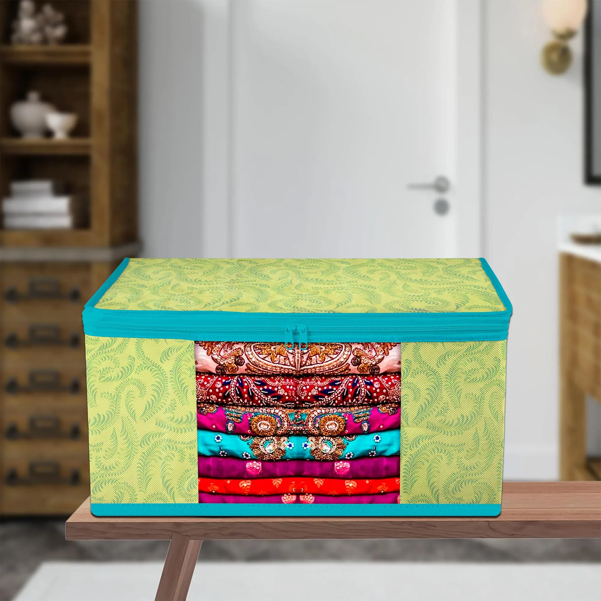 Kuber Industries Saree Cover | Zip Closure Saree Cover | Clothes Storage Bag | Wardrobe Organiser | Transparent Window Saree Cover | Leaf-Design | 9 inch | Pack of 6 | Green
