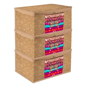 Kuber Industries Saree Cover | Zip Closure Saree Cover | Clothes Storage Bag | Wardrobe Organiser | Transparent Window Saree Cover | New Flower-Design | 9 inch | Pack of 3 | Brown
