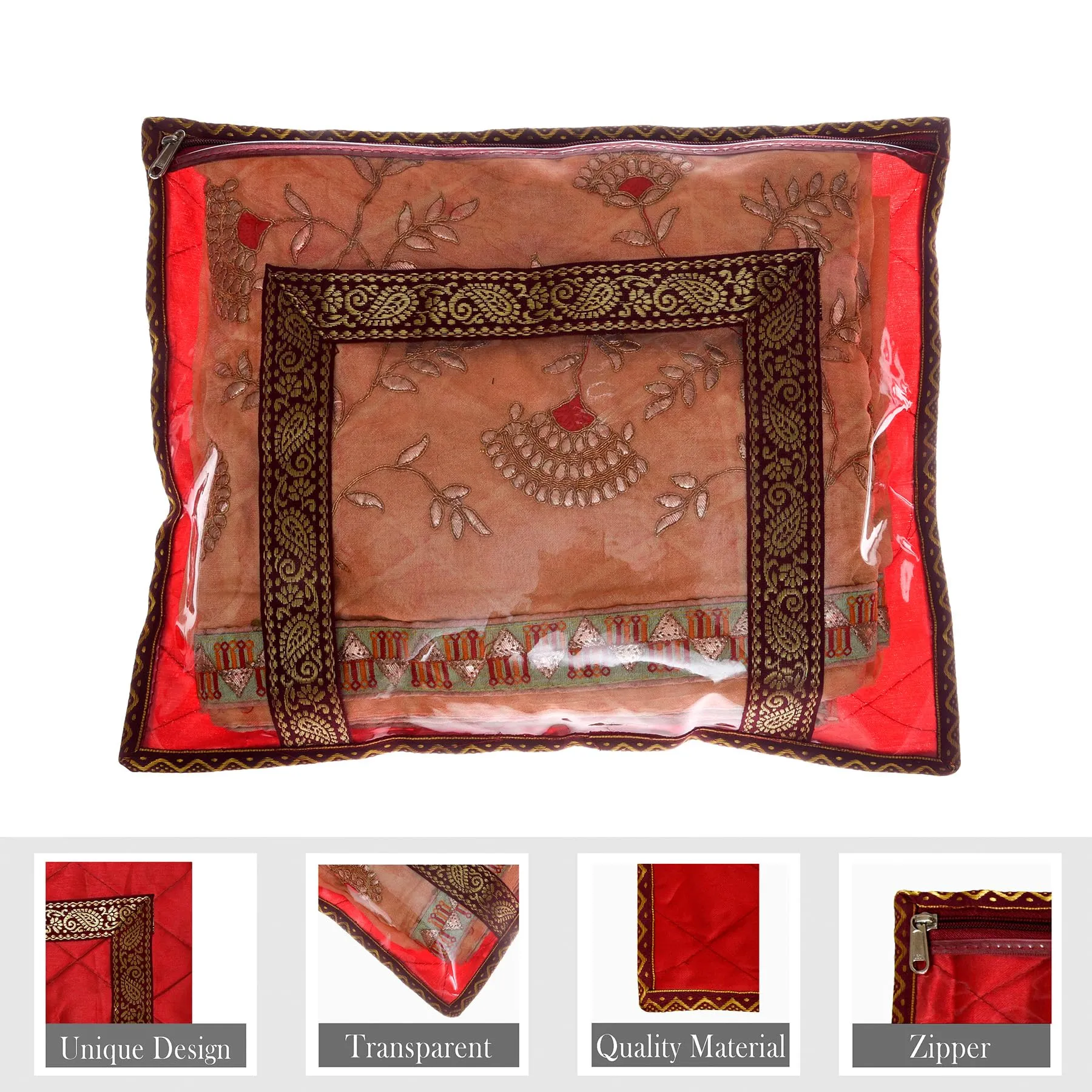 Kuber Industries Saree Cover | Zipper Closure Single Packing Saree Bag | Clothes Saree Stoarge Organizer | Wardrobe Organizer with Handle | Transparent View Packing Saree Cover | Pack of 6 | Purple