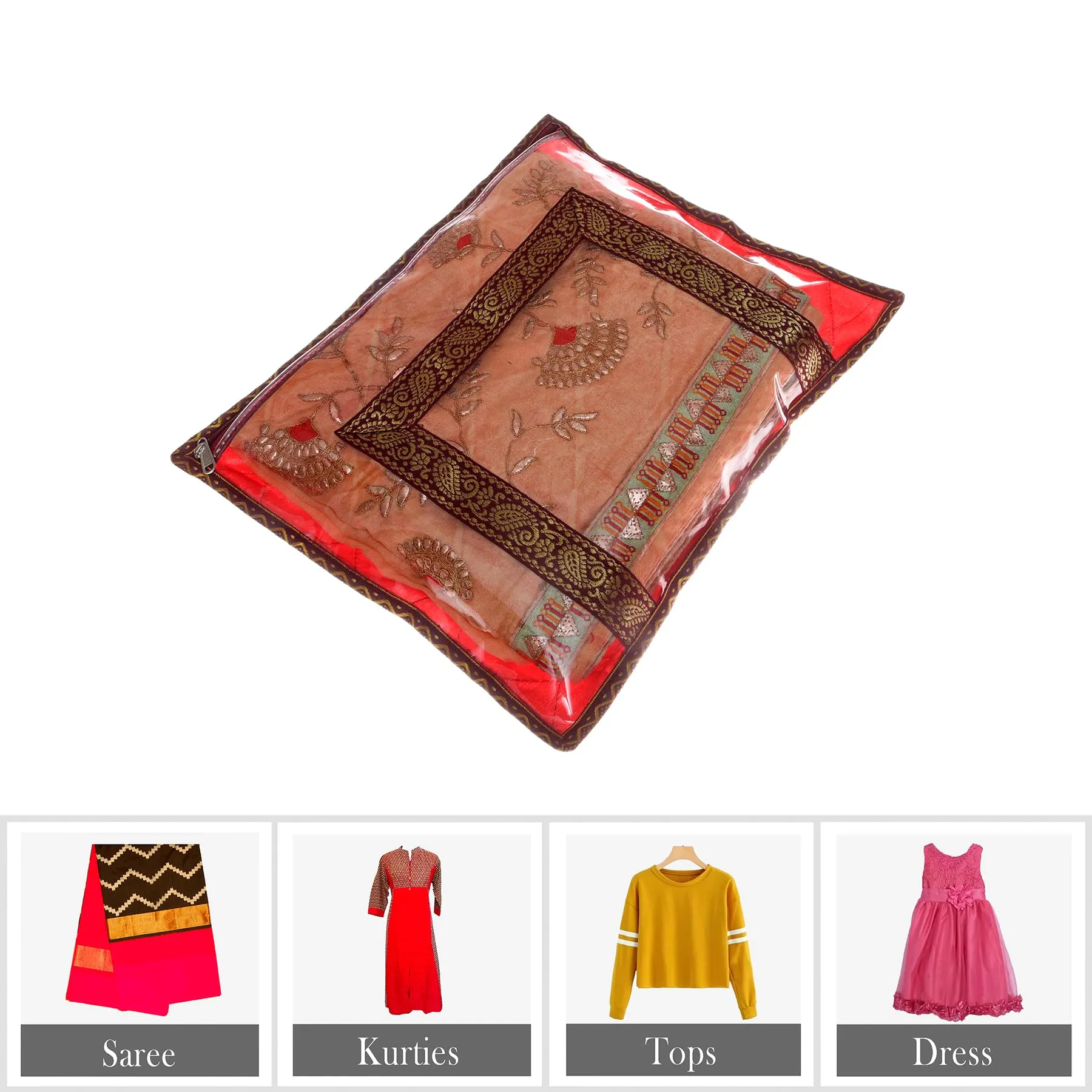 Kuber Industries Saree Cover | Zipper Closure Single Packing Saree Bag | Clothes Saree Stoarge Organizer | Wardrobe Organizer with Handle | Transparent View Packing Saree Cover | Pack of 6 | Purple