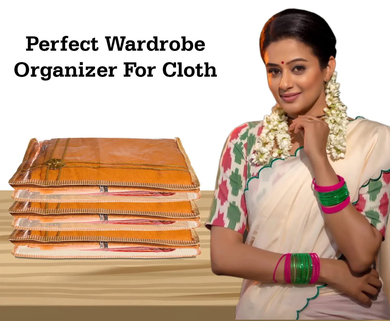 Kuber Industries Saree Cover|PVC Laminated Lining Design with Tissue Fabric|Transparent Bow Wardrobe Organizer|Pack of 6 (Gold)