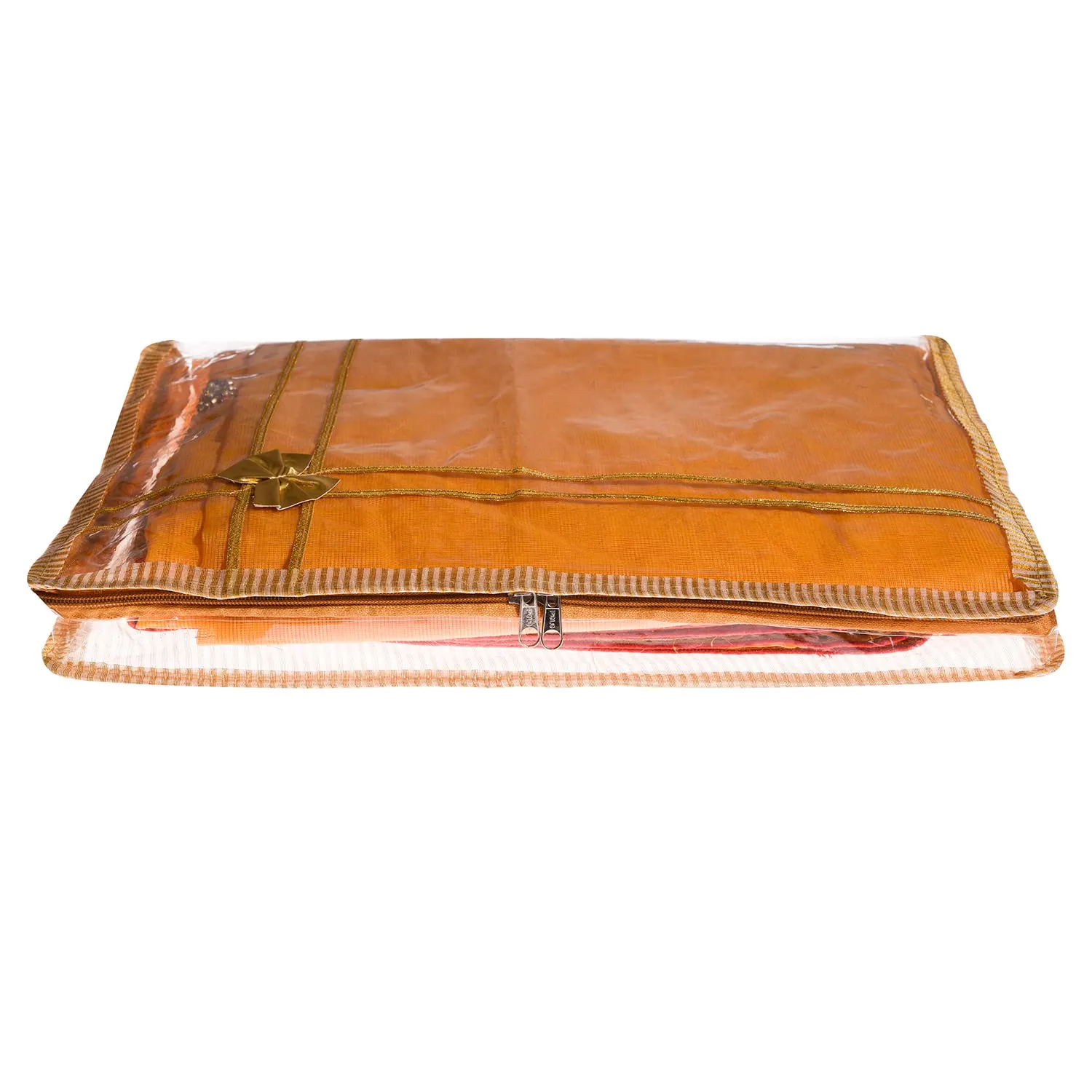 Kuber Industries Saree Cover|PVC Laminated Lining Design with Tissue Fabric|Transparent Bow Wardrobe Organizer|Pack of 6 (Gold)