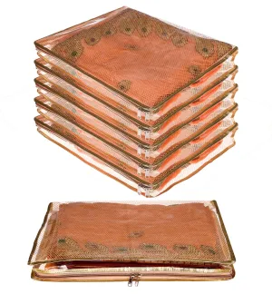 Kuber Industries Saree Cover|PVC Laminated with Mesh Fabric|Transparent Golden Border Wardrobe Organizer|Pack of 6 (Golden)