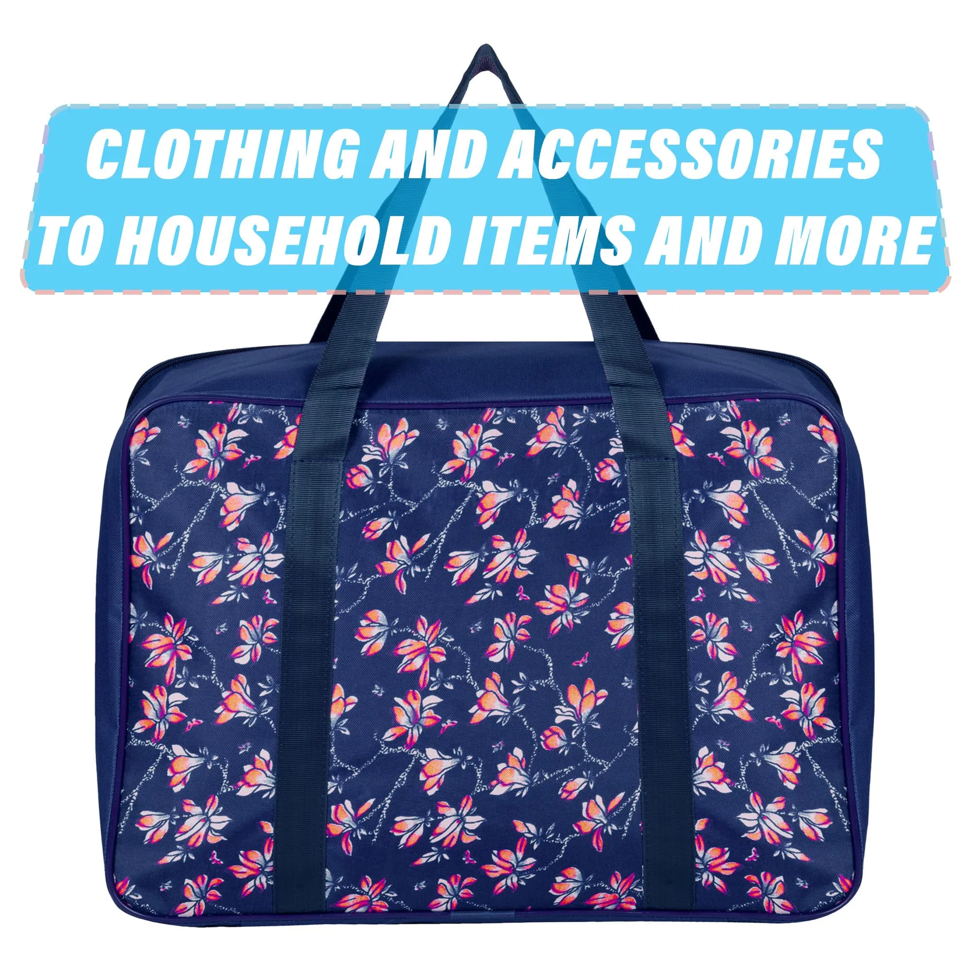 Kuber Industries Storage Bag | Clothes Storage Attachi Bag | Underbed Storage Bag | Zipper Storage Bag | Wardrobe Organizer with Handle | Travel Attachi Bag | Flower-Print | Small | Navy Blue