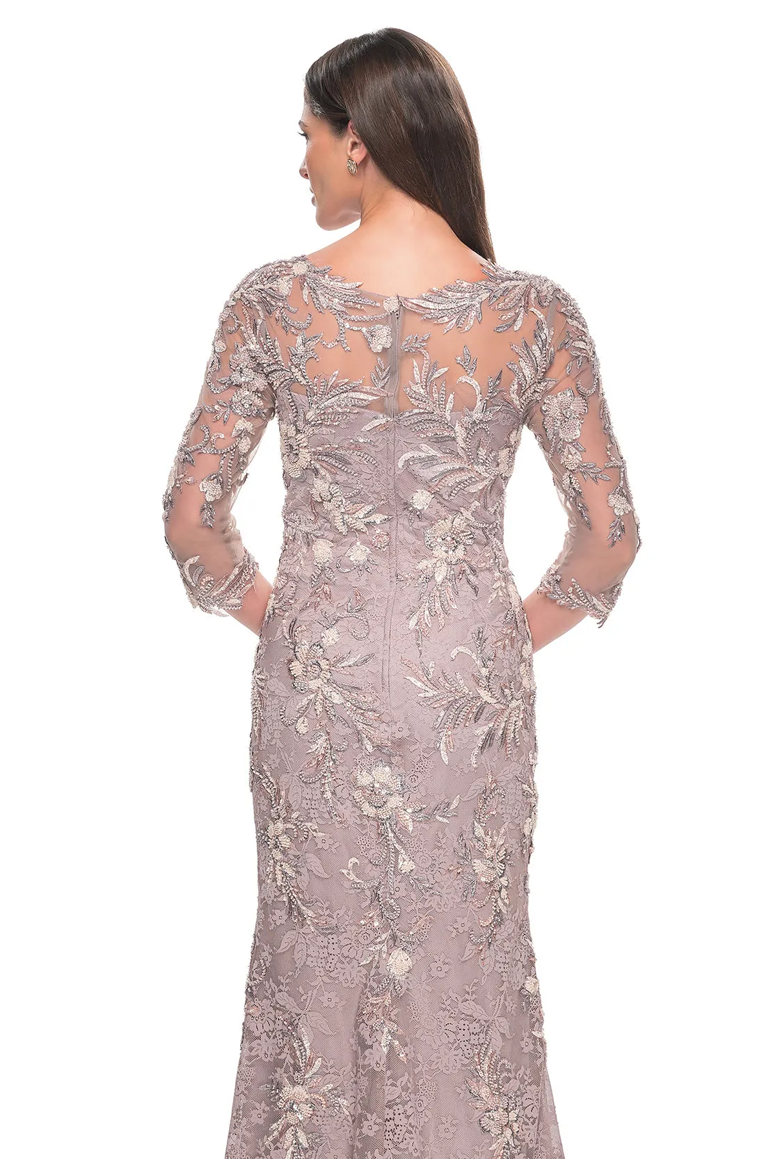 La Femme - 31796 - Three-Quarter Sleeve Lace and Beaded Gown