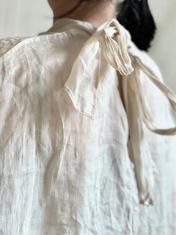 Lace-Up See-Through Solid Color Batwing Sleeves Loose Stand Collar Shirts Tops