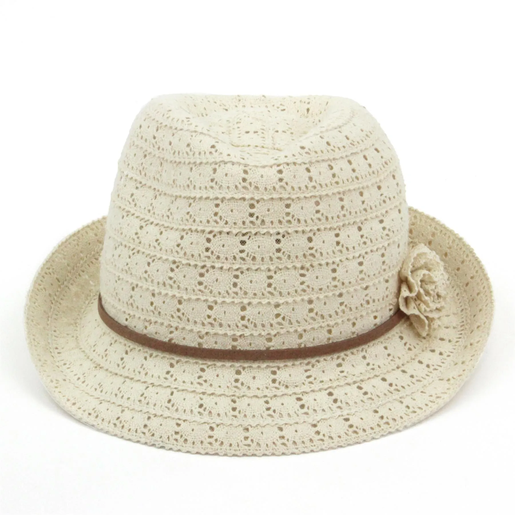 Ladies lace trilby hat with skinny faux leather band - Cream (57cm)