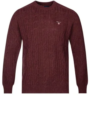 Lambswool Cable Crew Neck Sweater Dark Burgundy Mel