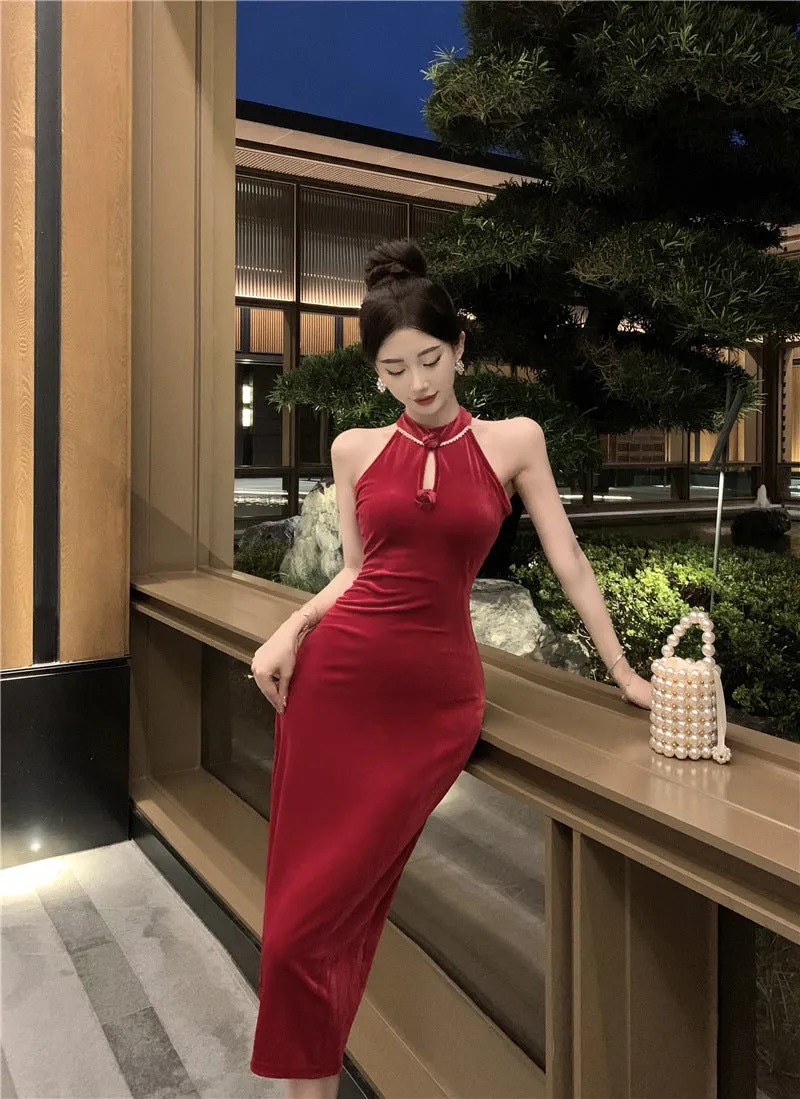 Lanfubeisi dress to impress outfits Banquet Host Auto Show Dress Long Dress Improved Cheongsam Dress Sexy Split Halter Velvet Dress