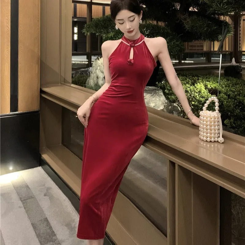 Lanfubeisi dress to impress outfits Banquet Host Auto Show Dress Long Dress Improved Cheongsam Dress Sexy Split Halter Velvet Dress