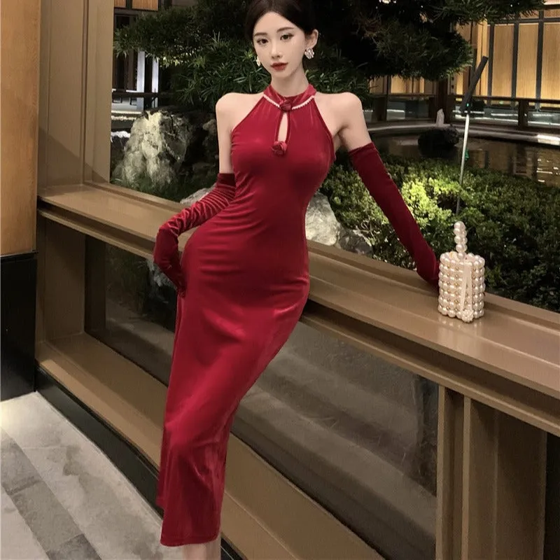 Lanfubeisi dress to impress outfits Banquet Host Auto Show Dress Long Dress Improved Cheongsam Dress Sexy Split Halter Velvet Dress