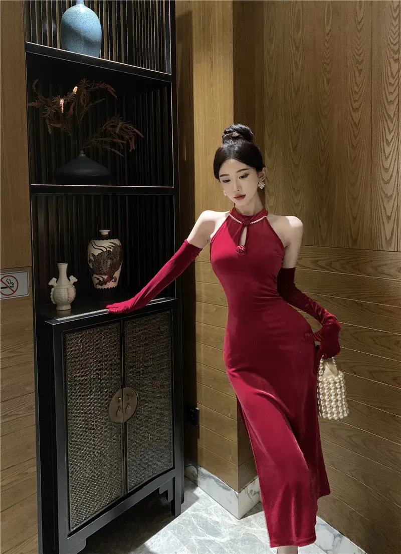 Lanfubeisi dress to impress outfits Banquet Host Auto Show Dress Long Dress Improved Cheongsam Dress Sexy Split Halter Velvet Dress