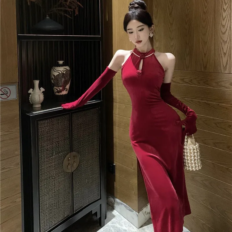 Lanfubeisi dress to impress outfits Banquet Host Auto Show Dress Long Dress Improved Cheongsam Dress Sexy Split Halter Velvet Dress