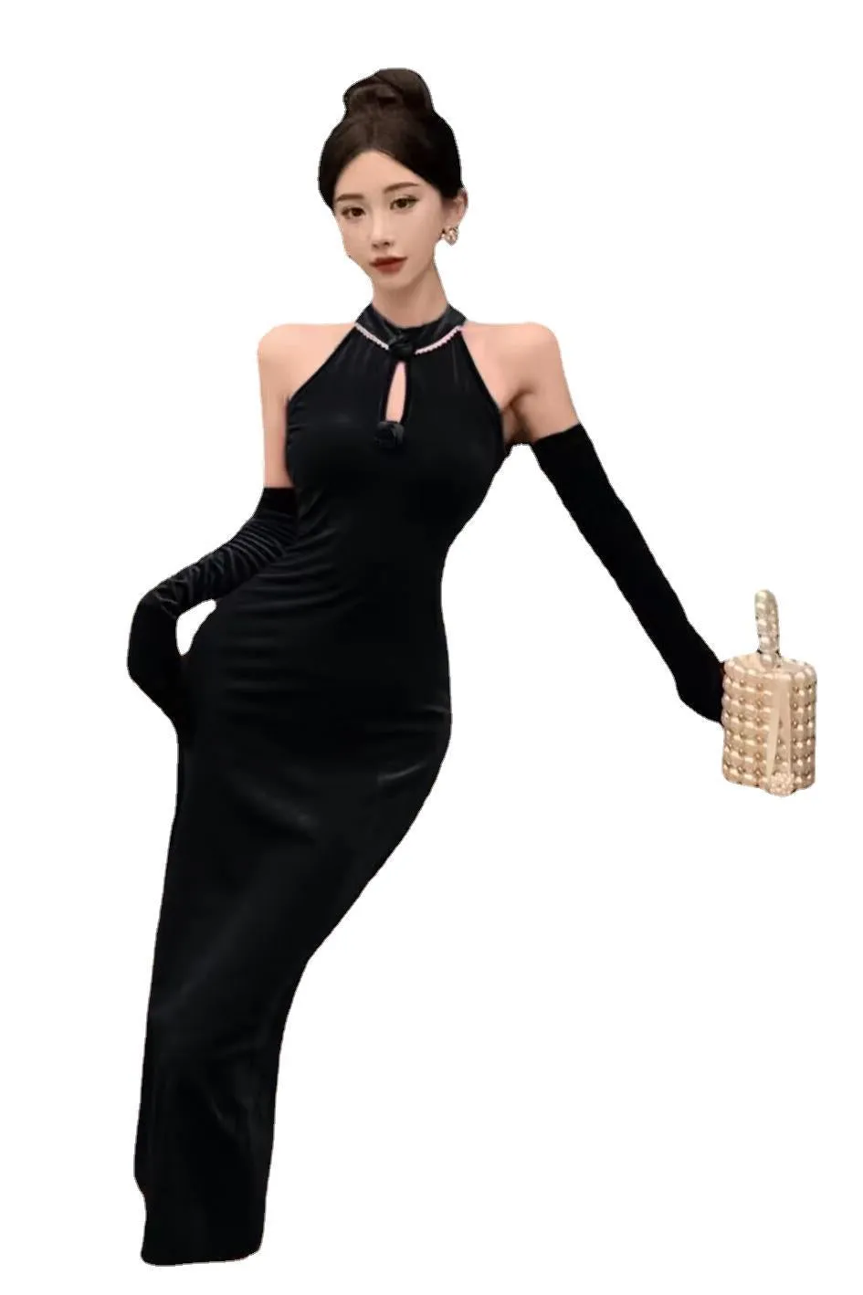 Lanfubeisi dress to impress outfits Banquet Host Auto Show Dress Long Dress Improved Cheongsam Dress Sexy Split Halter Velvet Dress