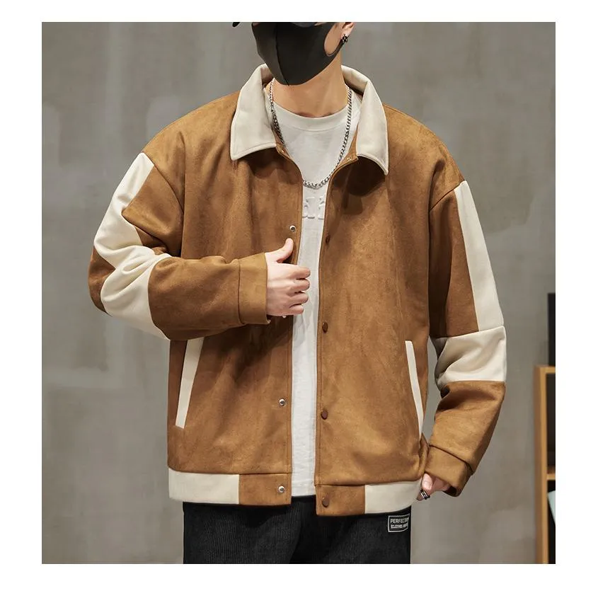 Lapel Collar Suede-Like Patchwork Thickened Overshirt