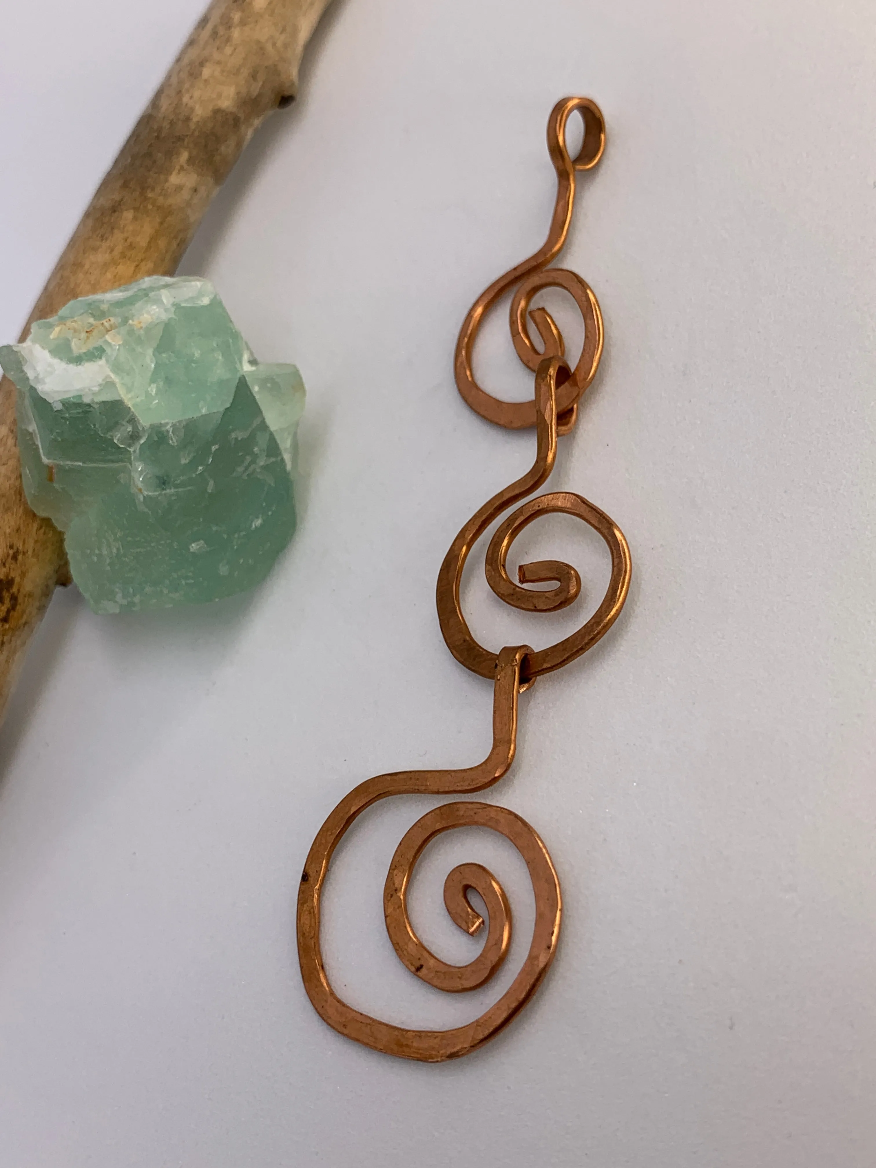 Large Geometric Unique Hammered Copper Spiral Trinity Pendant